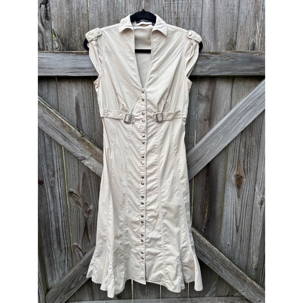 Arden B Tan Khaki Utility Safari Midi Dress Snap Front Buckle Waist Small